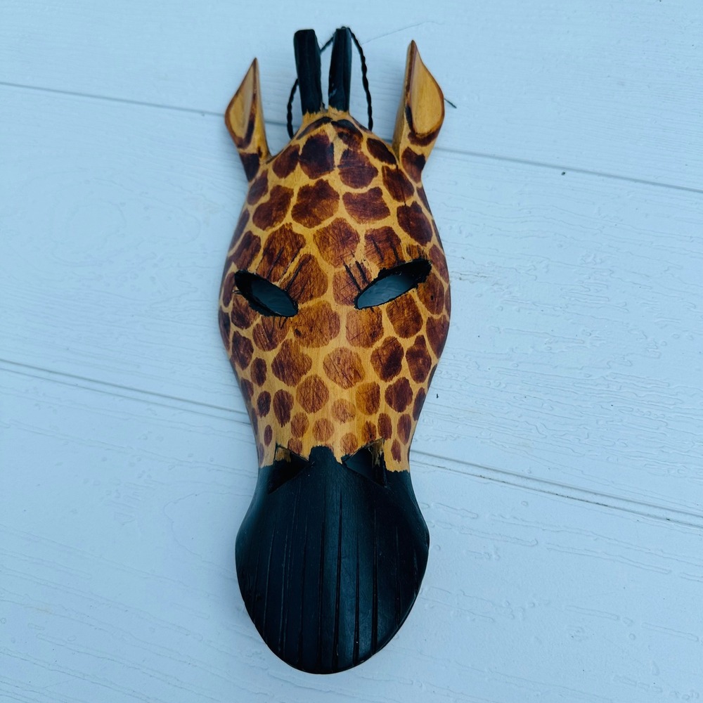 Hand Carved Wooden Giraffe Mask Wall Art Tribal Safari Decor Brown Black 12.5in